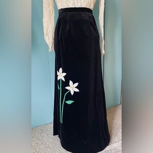 Florence Eiseman Black Velvet Maxi Skirt with White and Green Floral Accents